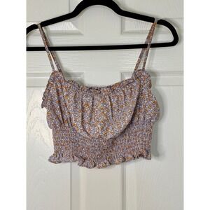 Blāshe Floral Crop Top Womens M Purple Orange Smocked Ruffle Excellent Boho